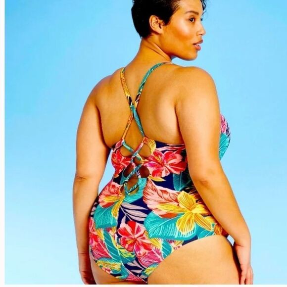 Kona Sol lace up back one piece swimsuit tropical medium coverage 16W NWT - Picture 2 of 3